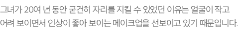 그녀가 20여 년 동안 굳건히 자리를 지킬 수 있었던 이유는 얼굴이 작고 어려 보이면서 인상이 좋아 보이는 메이크업을 선보이고 있기 때문입니다.